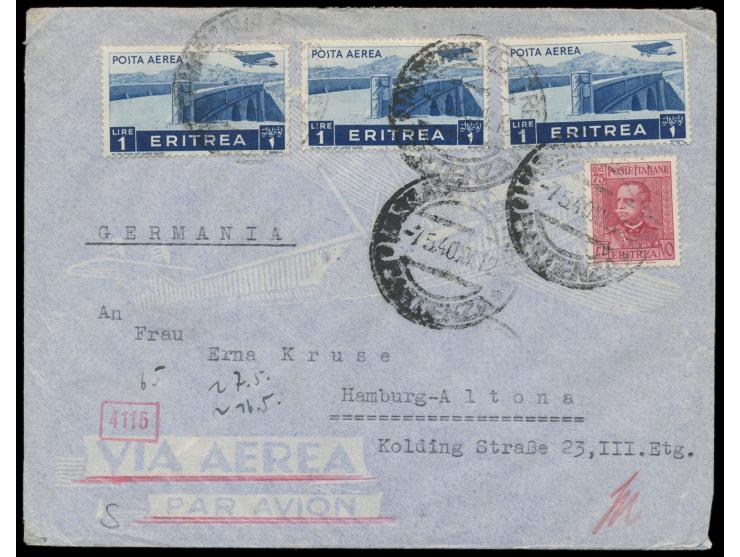 Eritrea  55 C. und 3 x 1 L. auf Luftpostbrief mit Stempel  Massaua  7.5.40 nach Hamburg, handschriftlicher Absender "... II. 