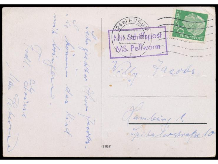 violetter R2 &nbsp;Mit Schiffspost / MS Pellworm &nbsp;auf Ansichtskarte &quot;Petersens Gasthof Hooger Fähre, Nordseeinsel P