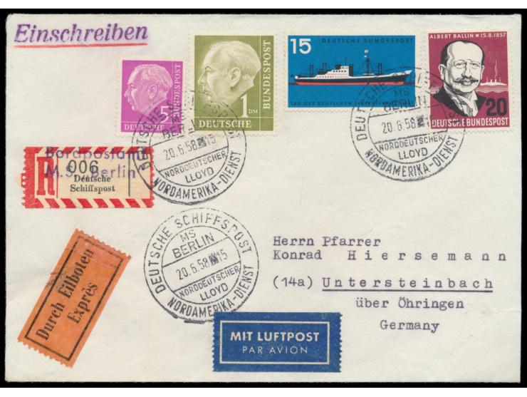 Stempel Deutsche Schiffspost Nordamerika-Dienst  MS Berlin  Norddeutscher Lloyd 20.6.58 auf Luftpost-Express-R-Brief nach Deu
