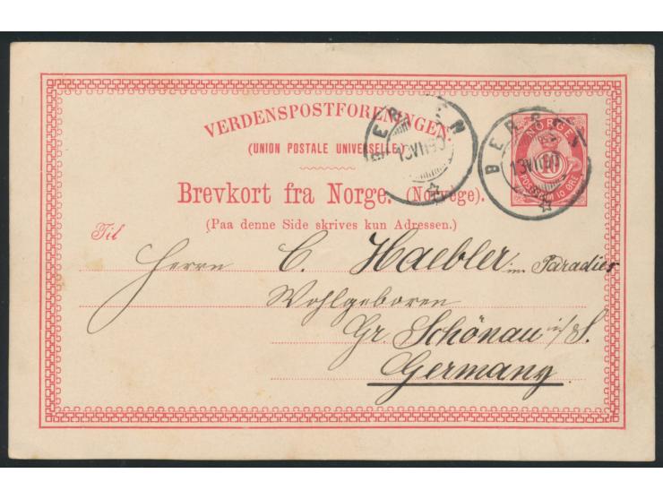 Norwegen-Ganzsache &nbsp;10 Öre mit Stempel Bergen 13.7.1890 nach Großschönau, rückseitig handschriftlicher Absender &nbsp;..