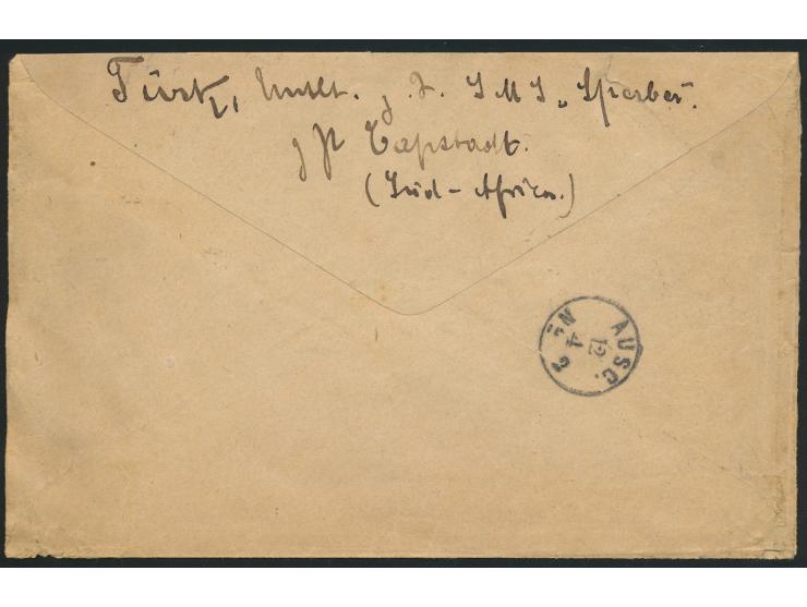 Brief mit handschriftlicher Absenderangabe "Türk, Untlt. z. S.,  S.M.S. Sperber  z. Zt. Capstadt (Süd-Africa)", vor Einführun