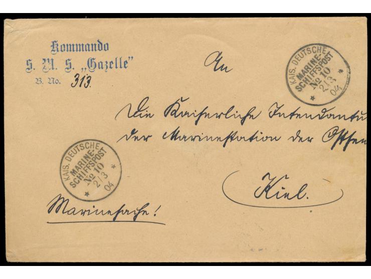 Stempel  MSP No. 10  2.3.04,  S.M.S. Gazelle  in Kingston / Jamaica, zwei Abschläge auf Dienstbrief "Marinesache" nach Kiel, 