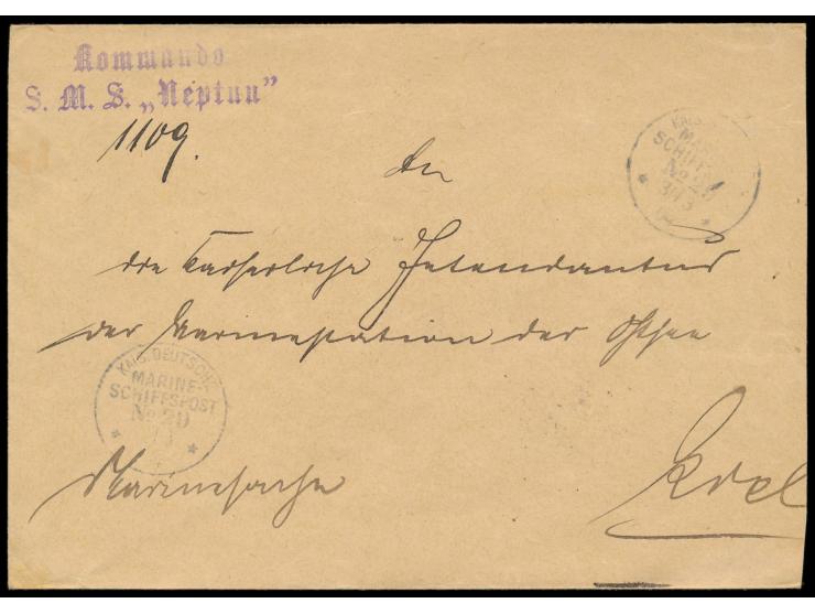 MSP No. 29  31.3.04,  S.M.S. Neptun  (Torpedoschulschiff) in Arendal, zwei Abschläge auf Dienstbrief "Marinesache" nach Kiel,