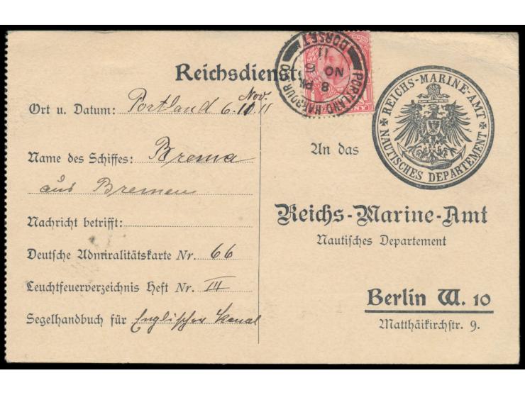 Rückantwortkarte an das  Reichs-Marine-Amt  / Nautisches Departement  in Berlin, aus Großbritannien mit 1 d.-Frankatur, Stemp