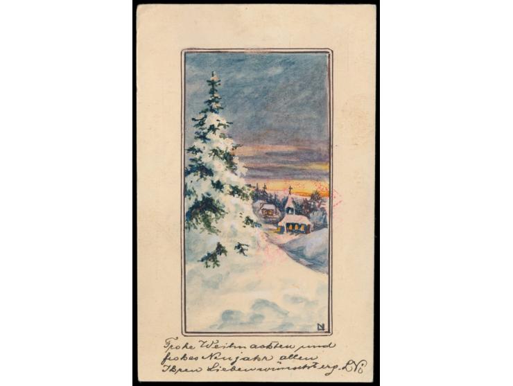 Postkarte aus dem sibirischem Kriegsgefangenlager Chabarowsk nach Wien, rückseitig dekorative  mehrfarbige Tuschezeichnung  (