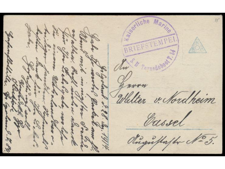 Briefstempel Kaiserliche Marine /  S. M. Torpedoboot T. 84  als alleiniger Aufgabestempel auf Feldpost-Ansichtskarte nach Kas