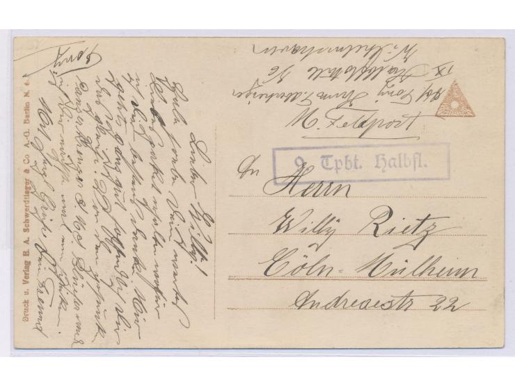 seltener violetter R1  9. Tpbt. Halbfl.  (später MSP 186) auf Ansichtskarte S.M.S. Scharnhorst / Graf Spee nach Köln, Absende