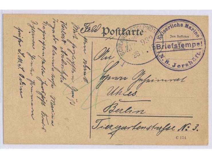 Briefstempel  Kaiserliche Marine / N. S. Jershöft  und Bahnpoststempel  Schlawe - Stolpmünde  Zug 932 18.1.15 auf Feldpostkar