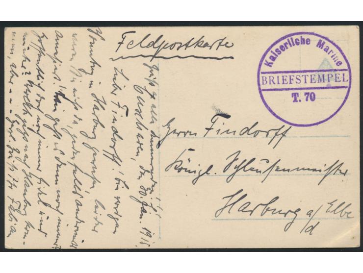 Briefstempel &nbsp;Kaiserliche Marine / T. 70 &nbsp;als alleiniger Aufgabestempel auf Ansichtskarte &quot;Der misslungene eng