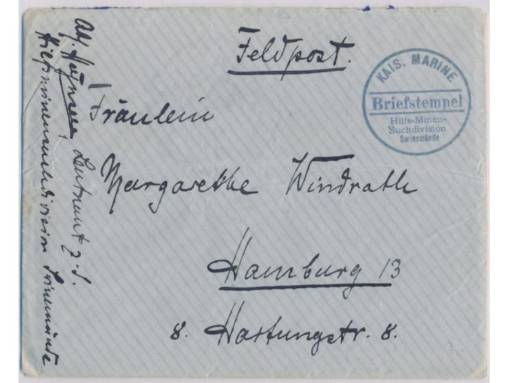Briefstempel Kais. Marine /  Hilfs-Minen-Suchdivision Swinemünde  als alleiniger Aufgabestempel auf Feldpostbrief nach Hambur