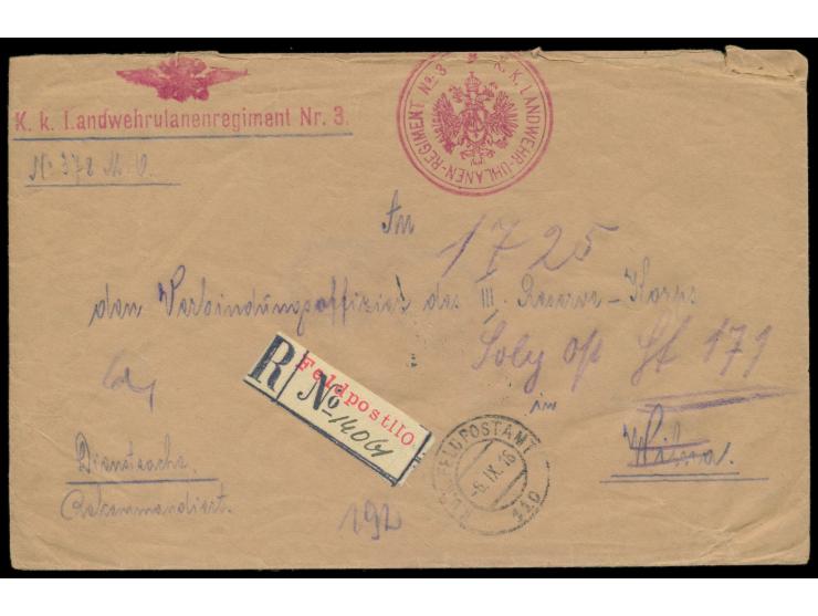 Stempel  K. u. k. Feldpostamt 110  6.9.16 auf Dienst-R-Brief nach Wilna, Absenderstempel und Dienstsiegel "K. k. Landwehrulan