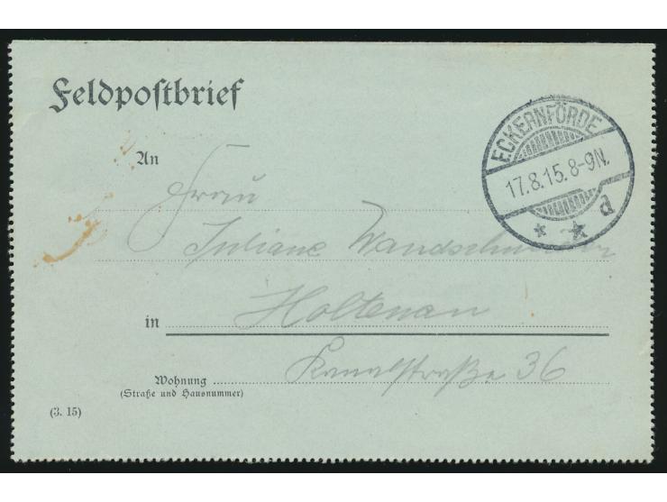 Feldpost-Kartenbrief mit Stempel  Eckernförde  17.8.15 nach Holtenau, handschriftliche Absenderangabe "Obstmt. Wandschneider,