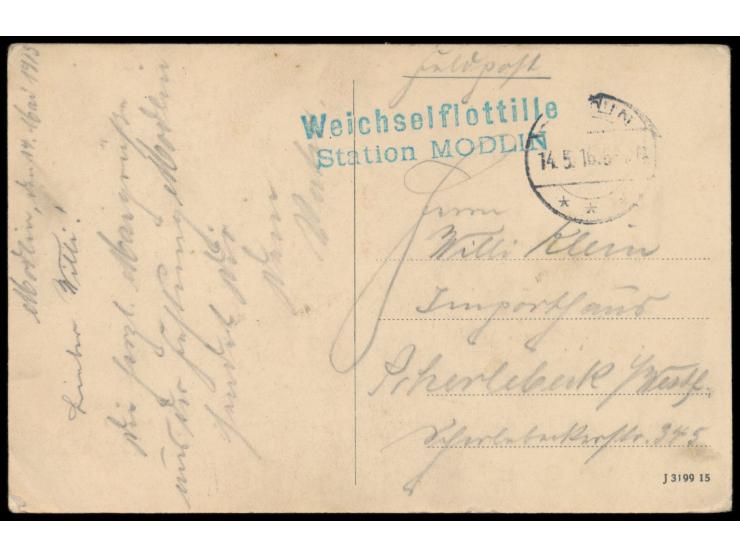 Stempel  Modlin  14.5.16 und blauer L2  Weichselflottille / Station Modlin  auf Ansichtskarte nach Scherlebeck, Bedarf
Stichw