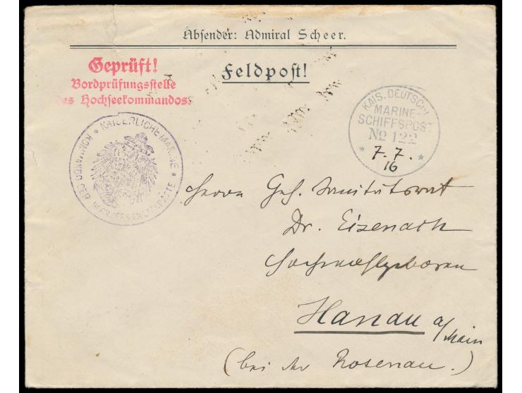 Stempel  MSP No. 122  7.7.16 (Datum handschriftlich), Kommando der Hochsee-Streitkräfte auf S.M.S. Kaiser Wilhelm II., auf Br