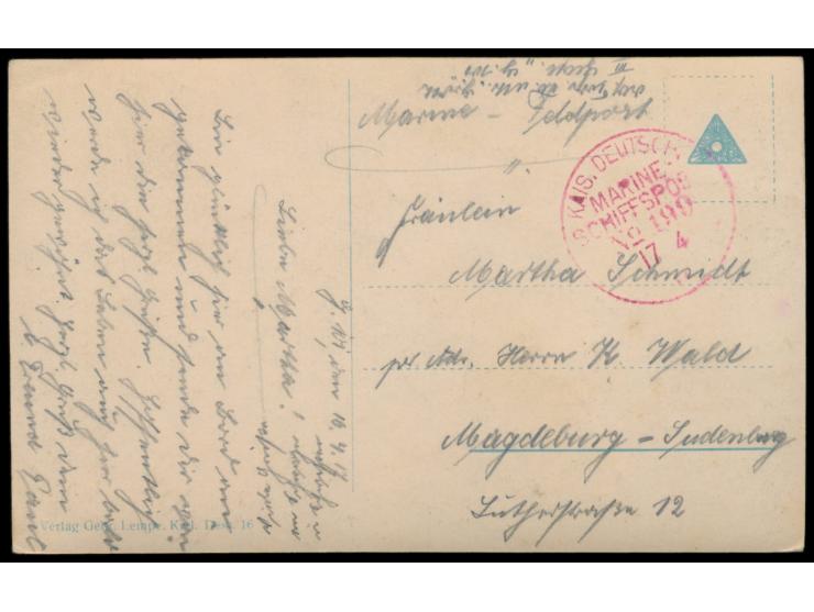 Stempel  MSP No. 199  17.4.17, 3. Torpedoboots-Halbflottille,  rote Stempelfarbe,  Ansichtskarte nach Magdeburg, handschriftl