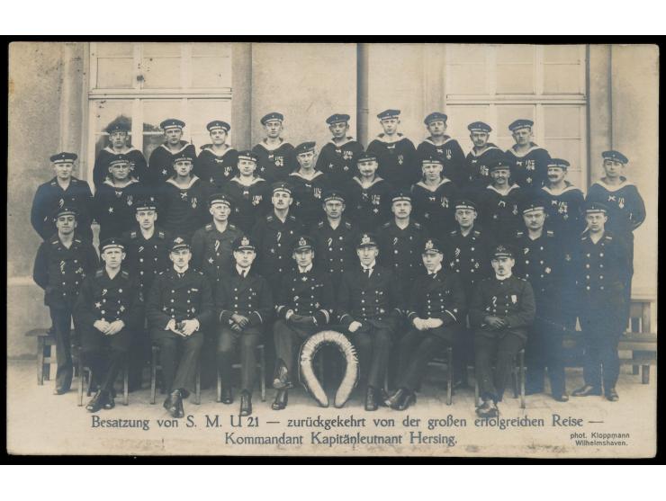 Foto-AK " Besatzung von S. M. U 21  ..." mit Stempel  Emden (Ostfriesland)  19.4.17 nach Westerholt, geschrieben von einem  B