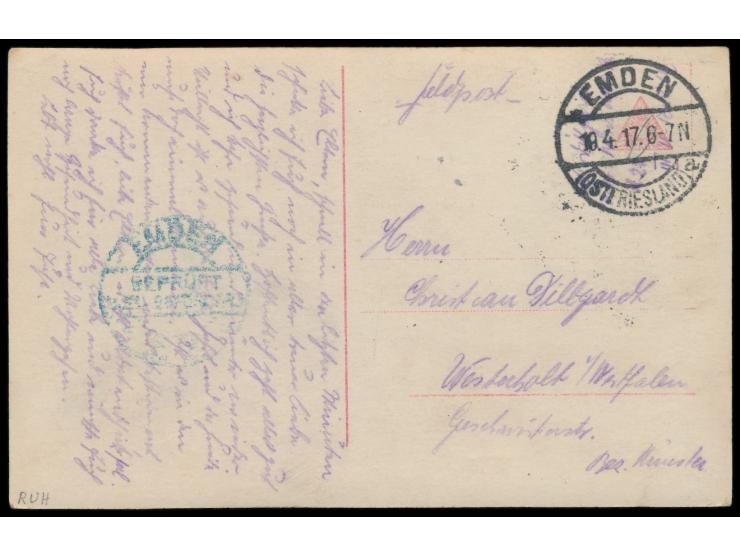 Foto-AK " Besatzung von S. M. U 21  ..." mit Stempel  Emden (Ostfriesland)  19.4.17 nach Westerholt, geschrieben von einem  B