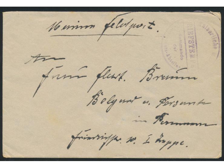 Briefstempel  Kaiserliche Marine / Kommando der Unterseeboots-Abteilung  als alleiniger Aufgabestempel  auf Feldpostbrief nac