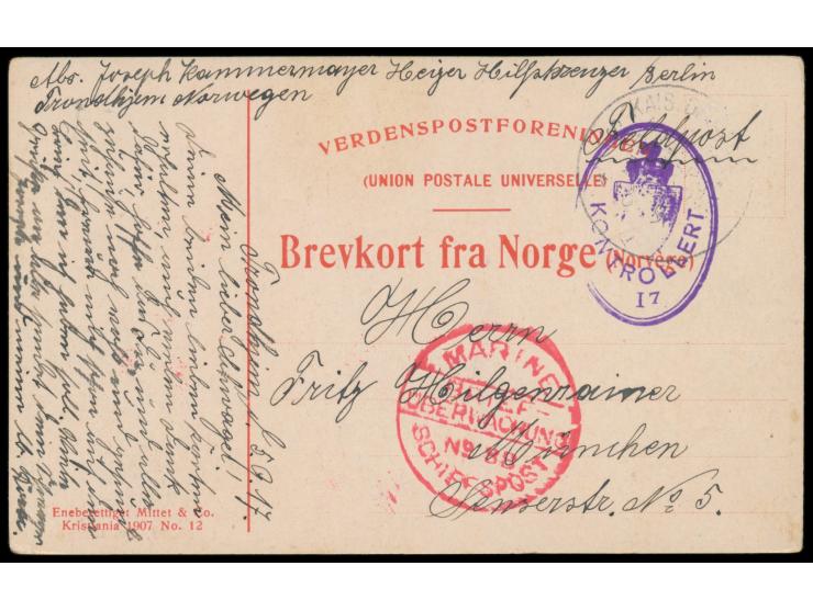 Stempel  MSP No. 88  5.9.17,  S. M. Hilfskreuzer Berlin,  während der Internierung in Trondheim, roter Kreisstempel  Marine S