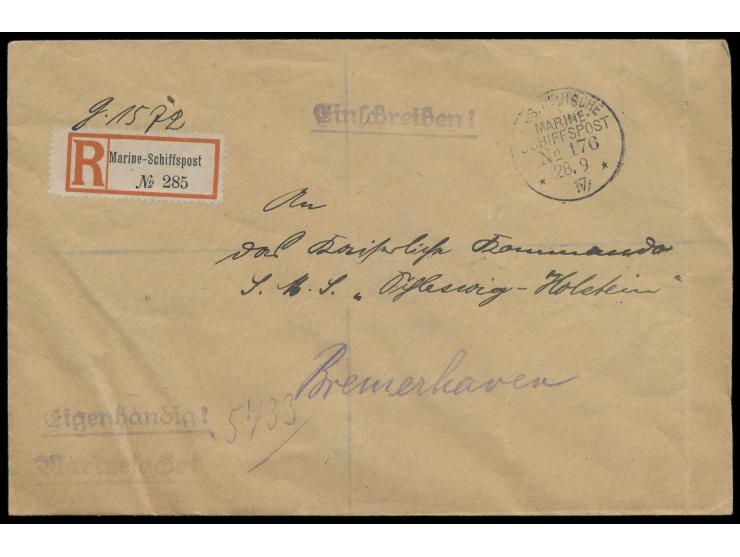 Stempel  MSP No. 176  28.9.17,  Werkstattschiff Bosnia,  auf Dienst-Einschreibbrief "Marinesache" nach Bremerhaven,  R-Zettel