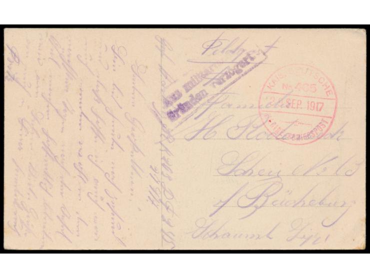 Stempel  MSP Nr. 465  29.9.1917 in rot,  Hilfskriegsschiff Eskimo,  auf Feldpostkarte (Ansicht Libau - Rosenplatz) nach Bücke