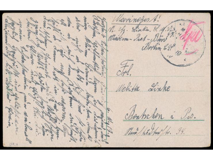 Stempel  MSP No. 64  7.10.17,  Unterseebootsstation Cattaro,  undeutlicher Abschlag und rote Zensorparaphe auf Ansichtskarte 