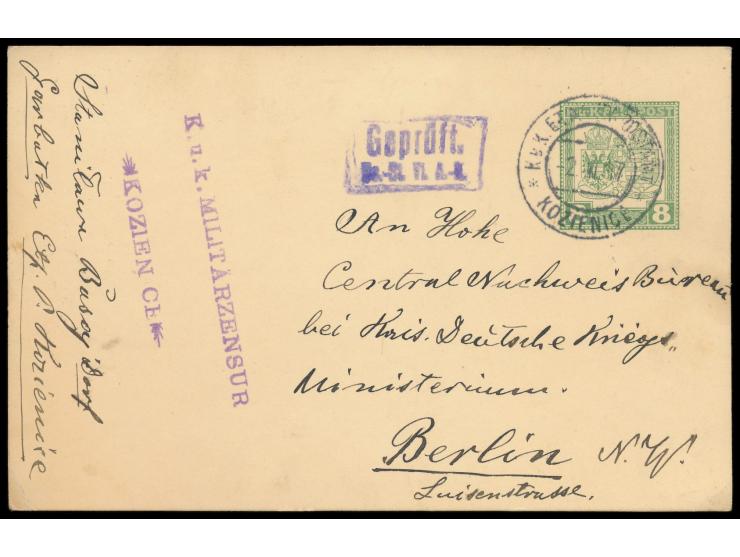 Feldpost-Ganzsache 8 H. mit Stempel &nbsp;K. u. k. Etappenpostamt Kozienice &nbsp;2.2.17 nach Berlin, sehr seltener Setzkaste