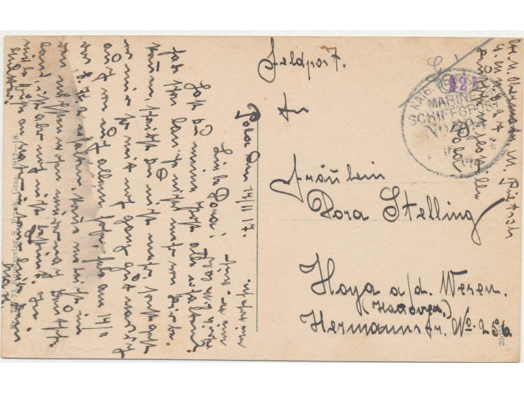 Stempel  MSP No. 204  16.11.17, Deutsche Unterseebootsflottille Mittelmeer Pola, auf Ansichtskarte nach Hoya,  handschriftlic