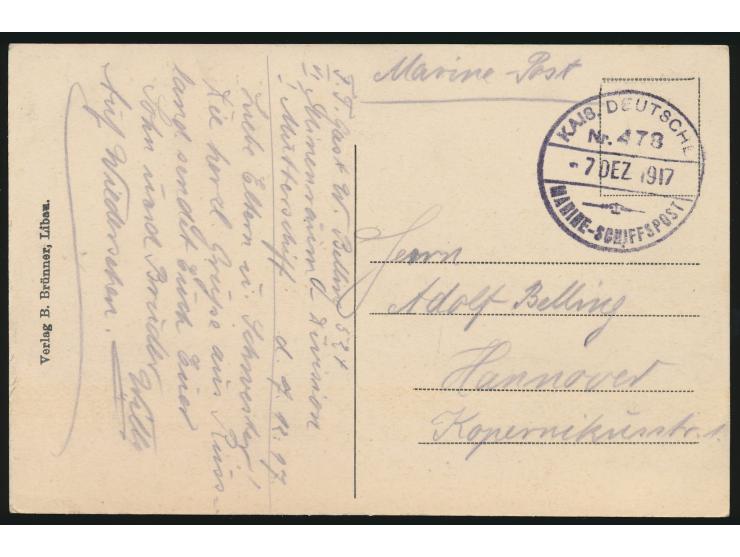 Stempel  MSP Nr. 478  7.12.1917,  VI. Minenräum-Division,  Ansichtskarte  Libau  mit Absenderangabe "... I. Mutterschiff ..."