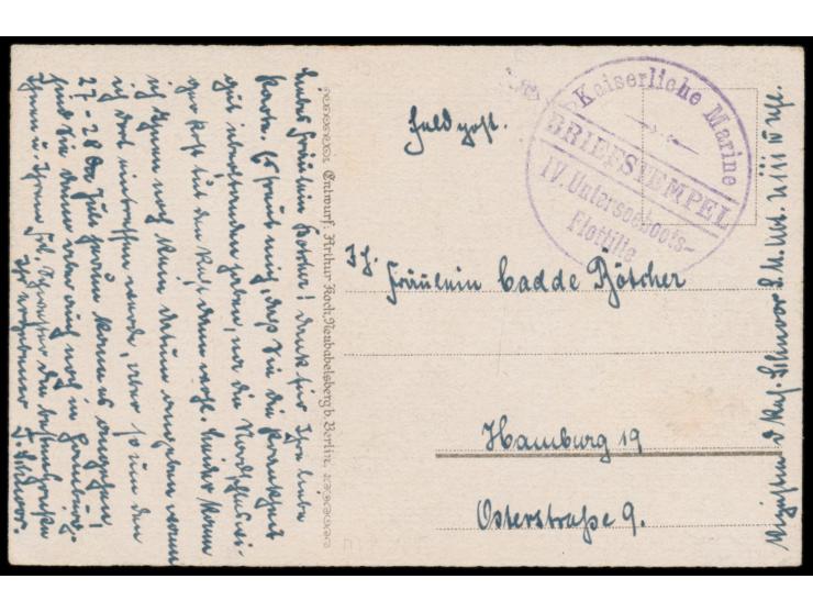 Werbekarte "Kriegsanleihe" mit Briefstempel  Kaiserliche Marine IV. Unterseebootsflottille  als alleiniger Aufgabestempel, ha