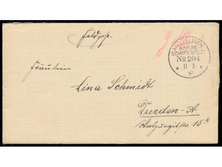 Stempel  MSP No. 204  11.3.18, Deutsche Unterseebootsflottille Mittelmeer Pola, selten klarer Abschlag auf Feldpostbrief nach