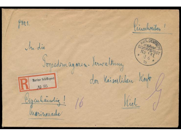 Stempel  MSP No. 131  13.6.18,  II. Unterseeboots-Flottille  auf Beischiff Irene,  Einschreibbrief  "Marinesache" nach Kiel, 