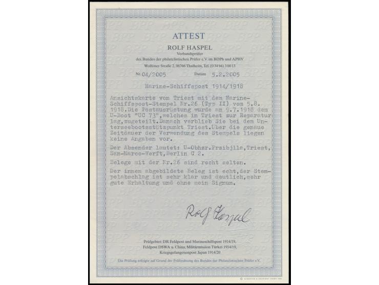Stempel &nbsp;MSP Nr. 26 &nbsp;5.8.18, &nbsp;U-Boot-Stützpunkt Triest, &nbsp;klarer Abschlag auf Ansichtskarte Triest nach Ge