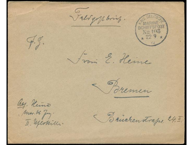 Stempel  MSP No. 103  22.9.18,  II. Unterseeboots-Flottille  auf Dampfer Sophie, auf Feldpostbrief nach Bremen, mit vierseiti