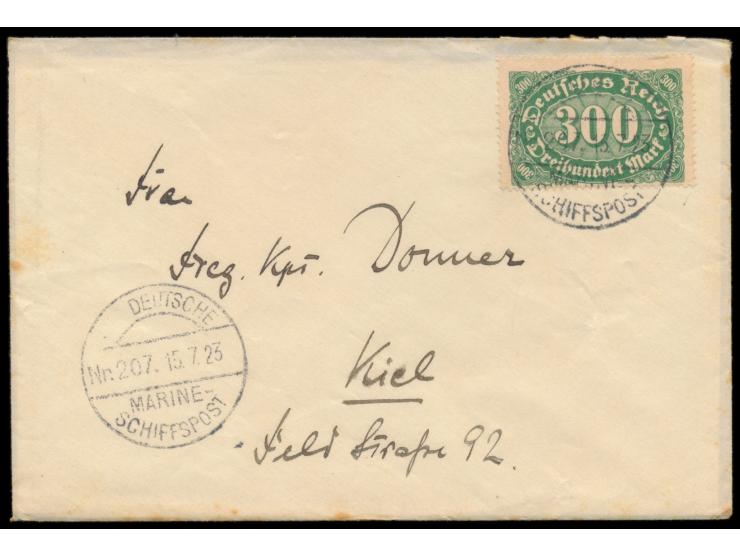 aptierter Stempel  ... Deutsche Marine-Schiffspost Nr. 207  15.7.23,  Linienschiff Hannover,  während der  Schwedenfahrt  11.