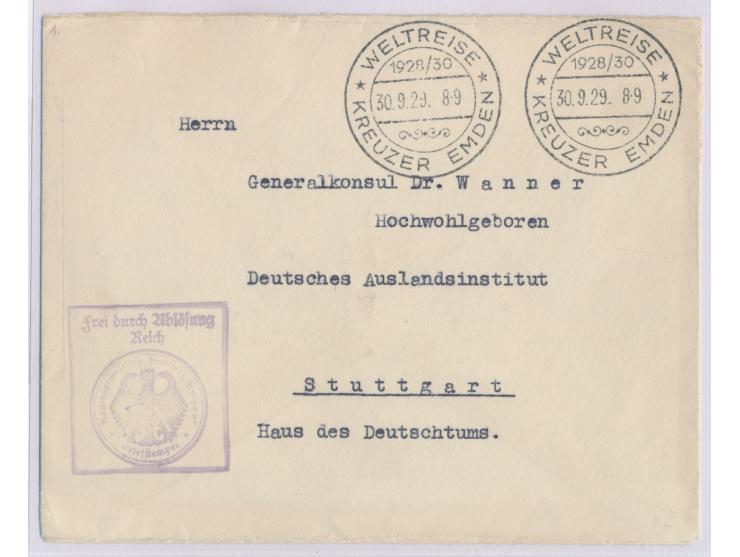 2 x Stempel  Weltreise Kreuzer Emden 1928/30  30.9.29 auf Dienstbrief "Frei durch Ablösung Reich" mit Kommando-Briefstempel, 