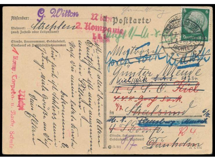 Postkarte aus Strehlen 2.7.1934 an einen Matrosen in Stralsund, mehrfach weitergeleitet nach Kiel, Flensburg, handschriftlich