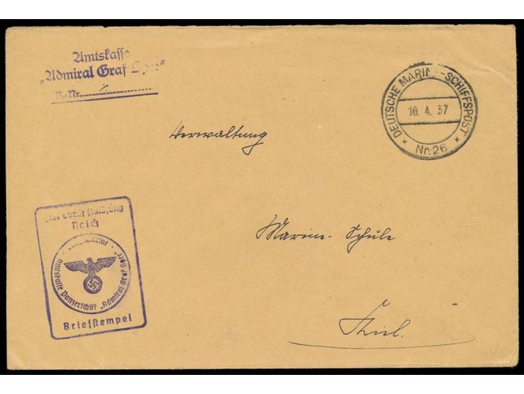Stempel  Deutsche Kriegsmarine Nr. 26  10.4.37 auf Dienstbrief "Frei durch Ablösung Reich" nach Kiel, Absenderstempel und Bri