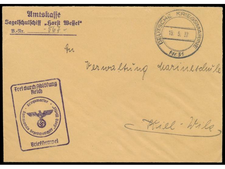 Stempel  Deutsche Kriegsmarine Nr. 31  15.5.37 auf  Dienstbrief "Frei durch Ablösung Reich", Briefstempel  Kommando Segelschu