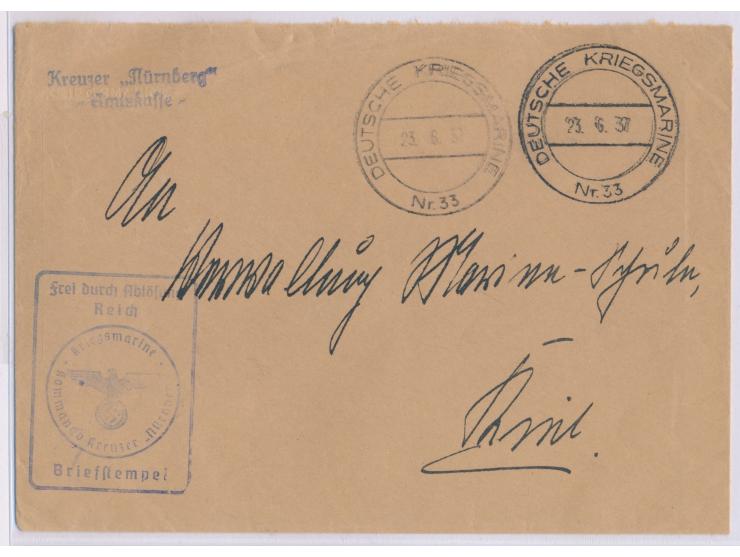 Stempel  Deutsche Kriegsmarine Nr. 33  23.6.37 auf Dienstbrief "Frei durch Ablösung Reich" nach Kiel, Absenderstempel und Bri