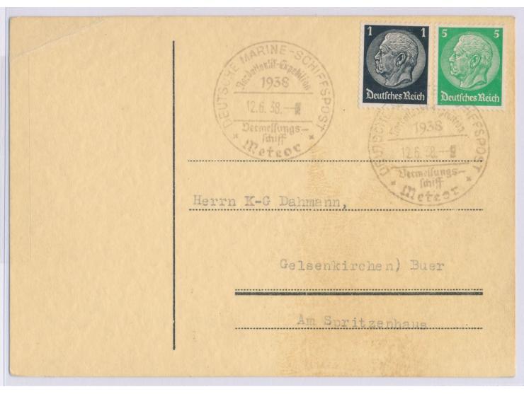 Stempel Deutsche Marine-Schiffspost  Nordatlantik-Expedition 1938 Vermessungsschiff Meteor  12.6.38, zwei Abschläge auf Postk
