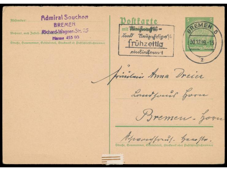 Ganzsachen-Frageteil 5 Pf. mit Absenderstempel &nbsp;&quot;Admiral Souchon ...&quot; &nbsp;und eigenhändig geschriebenem Kart
