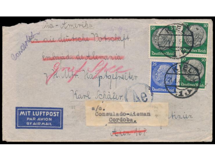 Luftpostbrief &nbsp;an ein interniertes Besatzungsmitglied des &nbsp;Panzerschiff Graf Spee &nbsp;in Argentinien, Frankatur 1