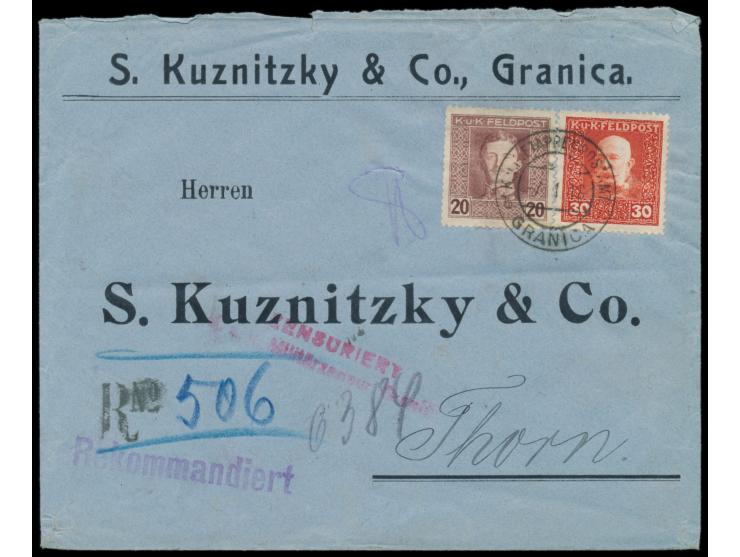 K. u. k. Feldpost  2. Ausgabe 30 H. und 3. Ausgabe 20 H. auf  Einschreibbrief  mit Stempel  K. u. k. Etappenpostamt Granica b