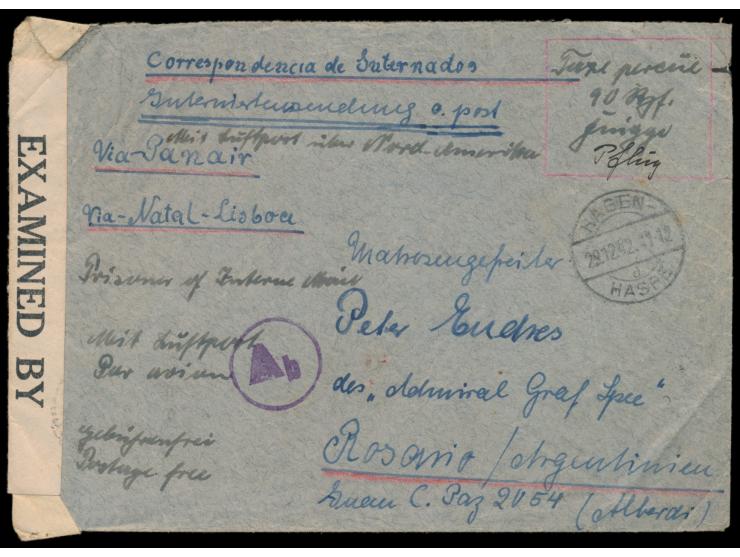 Internierten-Luftpostbrief &nbsp;an ein Besatzungsmitglied des vor der La Plata-Mündung gesunkenen &nbsp;Panzerschiffes &quot