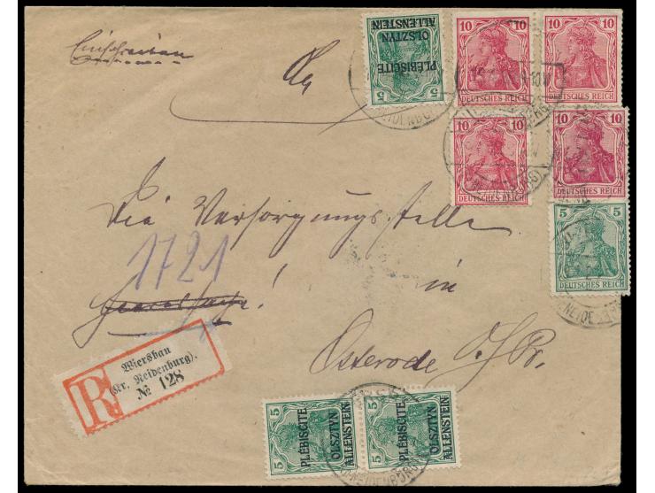 Mischfrankatur 3 x 1. Ausgabe 5 Pf. mit  Mitläufer  Dt. Reich 5 Pf. und 4 x 10 Pf. (3 x etwas über den Briefrand frankiert, d
