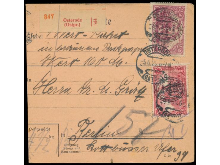 2. Ausgabe 1 M. und 2,50 M. auf  Wert-Paketkarte  mit Wertangabe 160 M., roter Wert-Nummernzettel, Stempel  Osterode (Ostpr.)