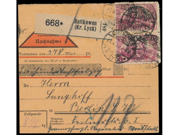 2. Ausgabe 2 x 2,50 M. auf  Nachnahme-Paketkarte  mit seltenem Postagentur-Stempel  Baitkowen (Kr. Lyck)  7.6.20, beide Marke