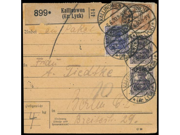 2. Ausgabe 2 x 15 Pf., 20 Pf. und 150 M. (Zähnung wegen Randklebung bestoßen) vorderseitig auf &nbsp;Paketkarte &nbsp;nach Be