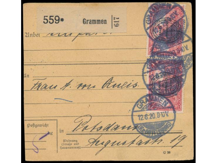 2. Ausgabe 2 x 1 M. auf  Paketkarte  mit seltenem Stempel der Postagentur  Grammen (Kr. Ortelsburg)  12.6.20 nach Potsdam, An